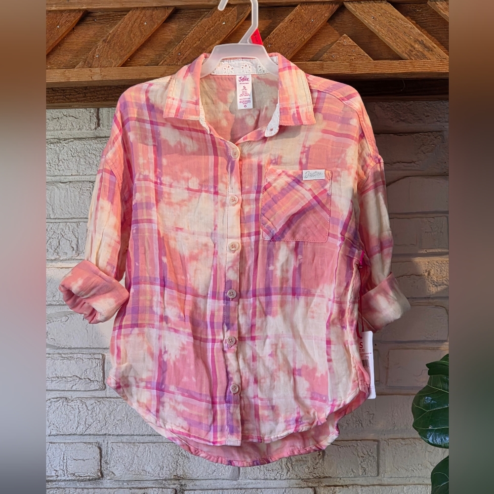 Justice Long Sleeve Pink Acid Washed Button Down Girls Top Size 7-8
